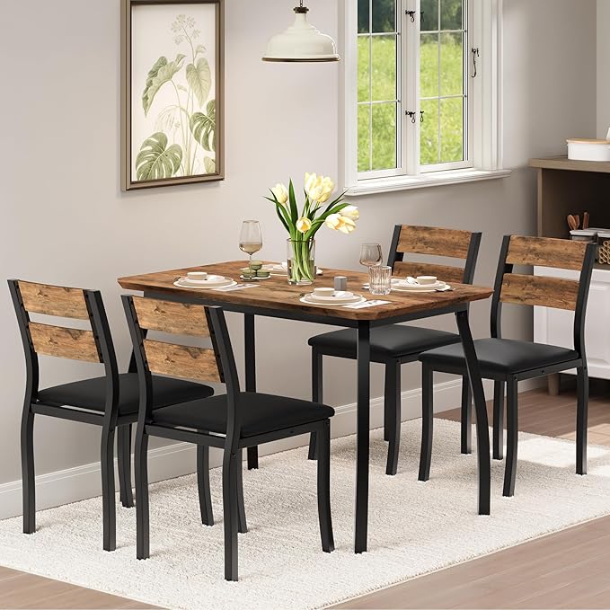 GAOMON 5 Piece Dining Table Set for 4, Space-Saving Kitchen Table with Upholstered Chairs, Modern Angled Corner Design, Compact Dinner Set for Small Spaces, Apartment, Dining Room, Retro Brown