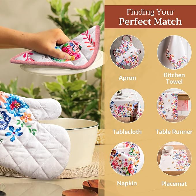 Maison d' Hermine Pot Holders Set 100% Cotton Heat Resistant Potholders 8" x 8" Hot Pads with Loop Cooking, Grilling, Kitchen, Handling Hot Pans Spring/Summer (Pack of 2, Happy Florals - High Summer)