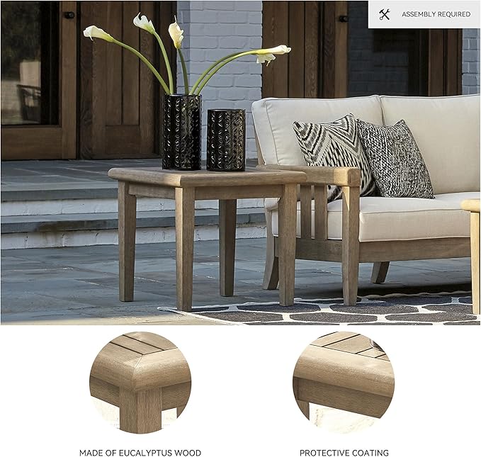 Signature Design by Ashley Gerianne Outdoor Square End Table with Slatting Styling and 5-Step Finishing Process, Eucalyptus Wood Frame, 22" High, Grayish Brown