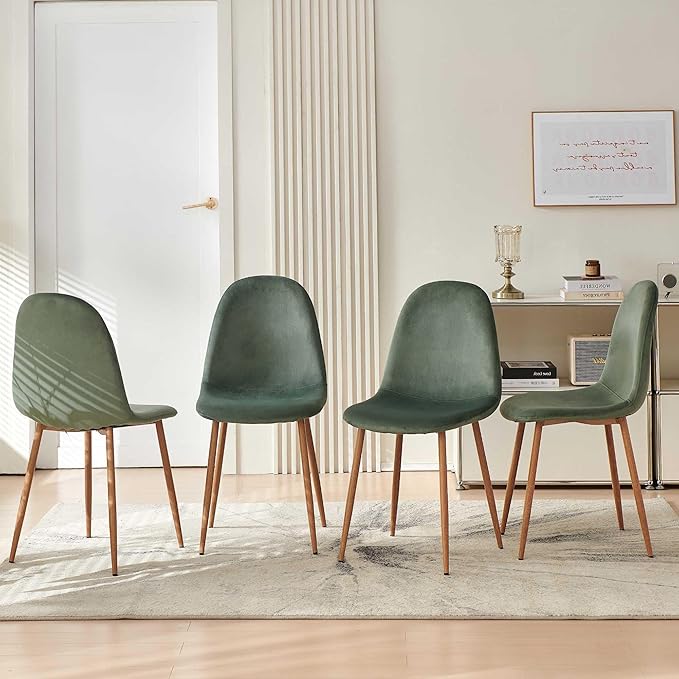 Howtek Mid-Century Modern Dining Chairs Set of 4, Green Velvet Upholstered Kitchen Side Chairs with Backrest & Metal Legs for Dining Room, Living Room, Restaurant