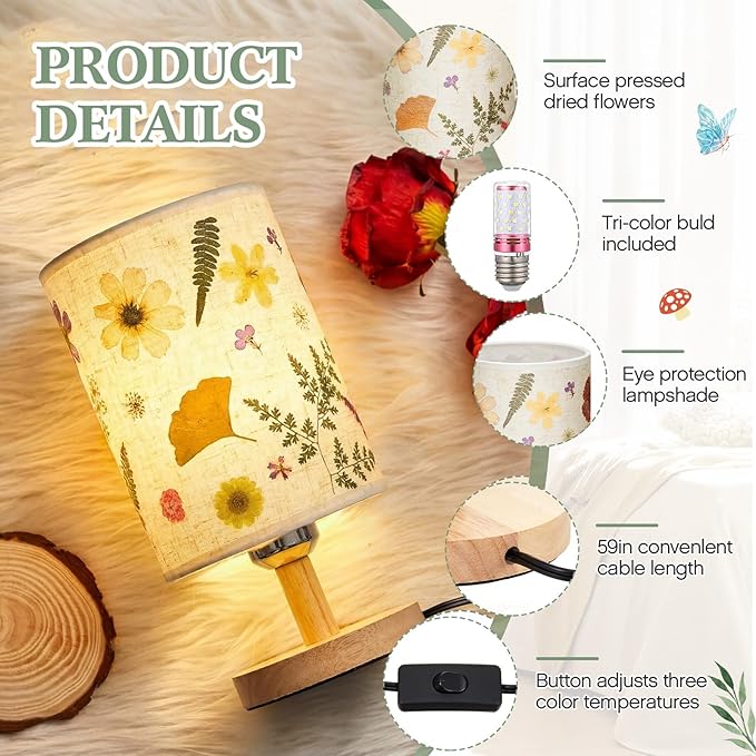 Hortsun Pressed Flower Lamp Vintage Table Small Lamp Cottagecore Decor Boho Night Light Decorative Rustic Night Light for Bedroom, Living Room or Office, Christmas Gift for Women(Modern Style)