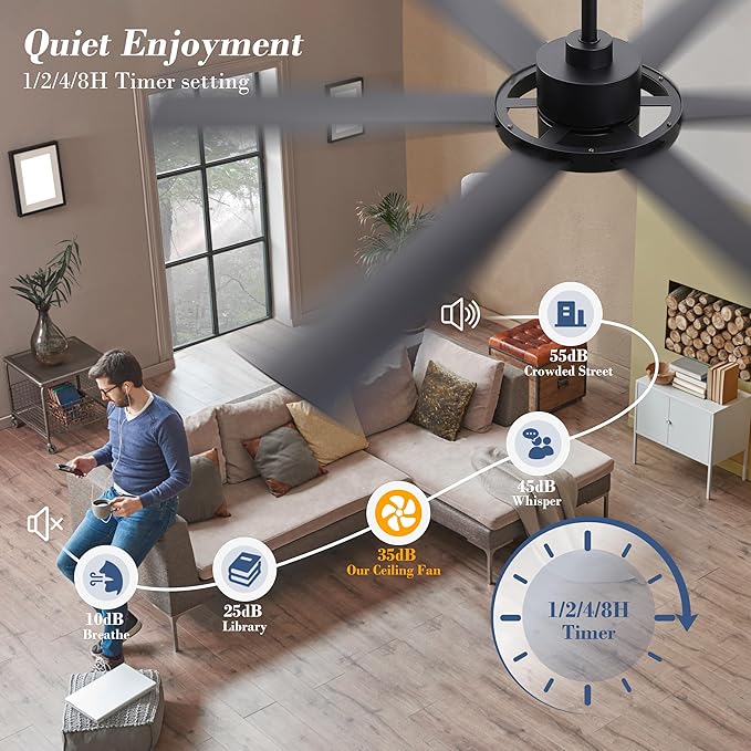 ELEHINSER 60" Ceiling Fan with Lights - 6 ABS Plastic Blades, 3 Downrods, 6-Speed Reversible DC Motor, 3CCT, Windmill Ceiling Fan for Kitchen Bedroom Living Room, Matte Black