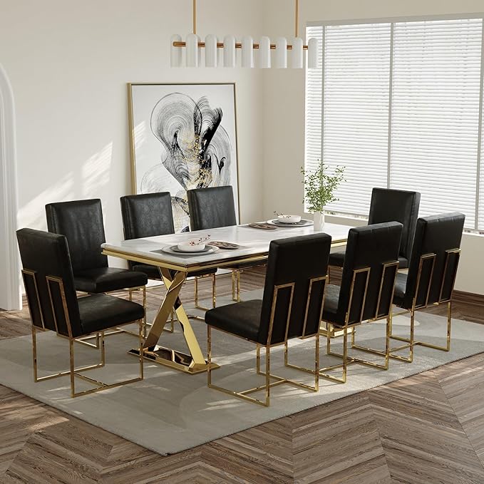 AUZ Dining Chairs, Black and Gold Faux Leather Upholstered Dining Room Chairs with Polished Stainless Steel Legs, Set of 2