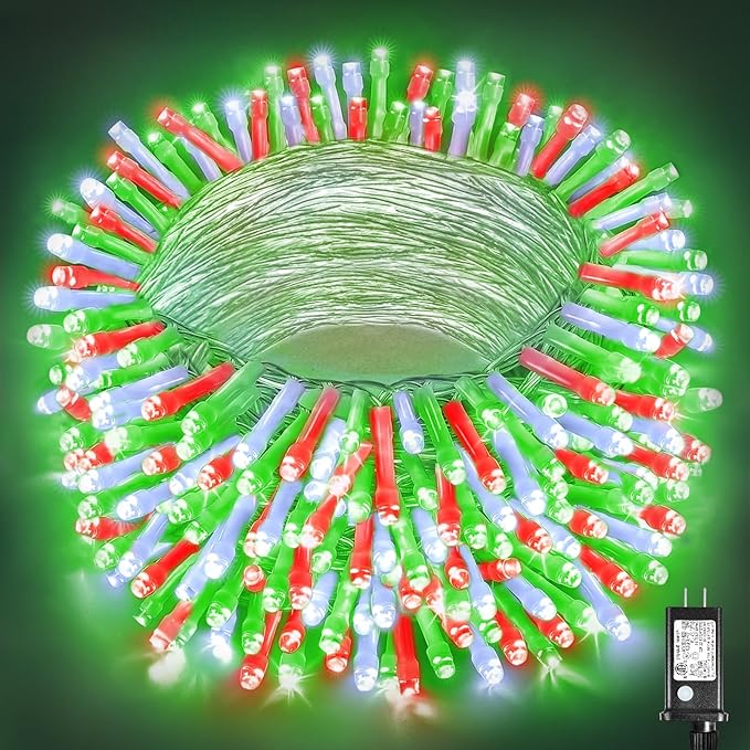 300 LED Christmas Lights Outdoor Indoor 100FT String Lights Indoor Clear Wire 8 Modes Plug in Twinkle Fairy Lights for Bedroom Christmas Tree Party Decorations, Red White&Green