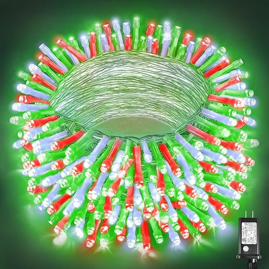 300 LED Christmas Lights Outdoor Indoor 100FT String Lights Indoor Clear Wire 8 Modes Plug in Twinkle Fairy Lights for Bedroom Christmas Tree Party Decorations, Red White&Green