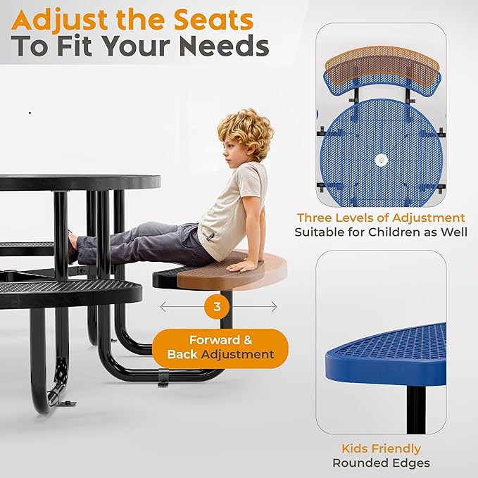 Metal Picnic Tables for Outdoors with Umbrella Hole - Coated Steel Heavy Duty Commercial Grade Furniture Set with Adjustable Seats (Blue, 46 in, Round, Expanded Steel)