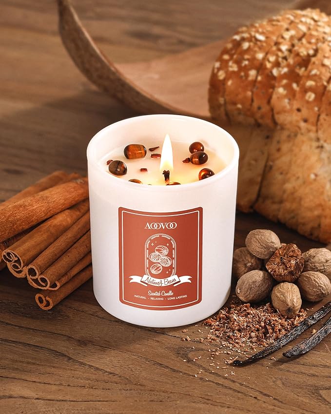 AOOVOO Nutmeg Beans Scented Candles for Women - Aromatherapy Candle with Crystals Inside, 10oz Soy Candles for Home Scented, Birthday Gifts Christmas Candle for Women Mom
