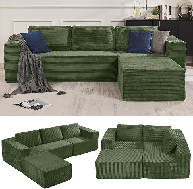 106" Modular Sectional Sofa with L-Shape Chaise, Right/Left Facing Deep Seat Cloud Couch, No Assembly Required, Upholstered Couch for Living Room Bedroom (Plush Corduroy Fabric, Green)