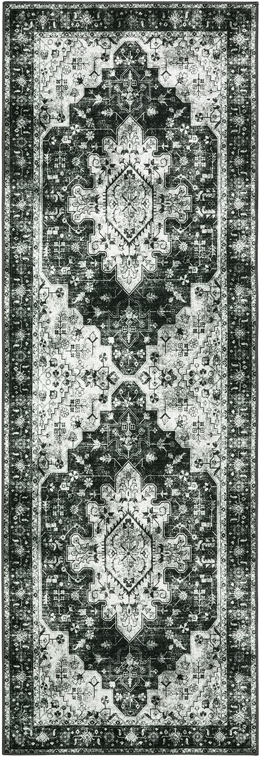 Moynesa Washable Black and White Runner Rug - 2x6 Bathroom Runner with Rubber Backing, Hallway Boho Non-Slip Non-Shedding Low Pile Accent Carpet for Laundry Room Entryway