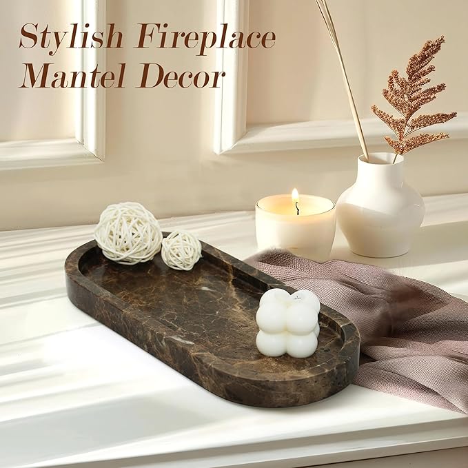 100% Real Natural Marble Tray for Bathroom, Luxury Dark Brown Stone Vanity Tray, Decorative Oval Trays for Countertop Storage Organizer, Vanity Dresser Kitchen Home Decor, 10.2" x 4.3", Brown