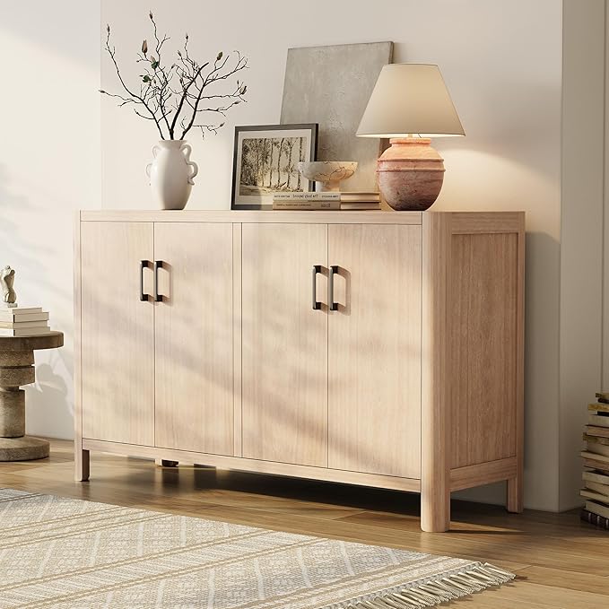 Farmhouse Wood 4-Door Cabinet Sideboard with Smooth Rounded Corners, Rustic Accent Entryway Console Table for Hallway Living Room Dining Room