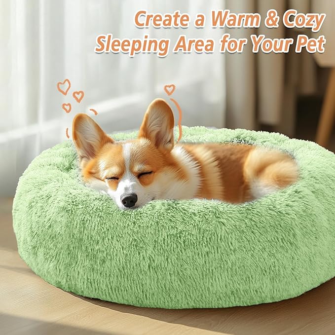 JOLLYVOGUE Calming Dog & Cat Bed for Small Dogs, Anti-Anxiety Donut Cuddler Cozy Soft Round Bed with Anti-Slip Bottom, Fluffy Faux Fur Plush Cushion Beds for Small Medium Pets (23")