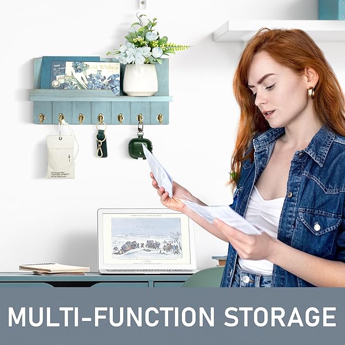 Rebee Vision Decorative Key Holder Wall Mount - Modern Farmhouse Key and Mail Holder for Wall with Shelf and 7 Key Hooks for Mail Organizer - Mid Century Aesthetic Room Decor (Distressed Blue)