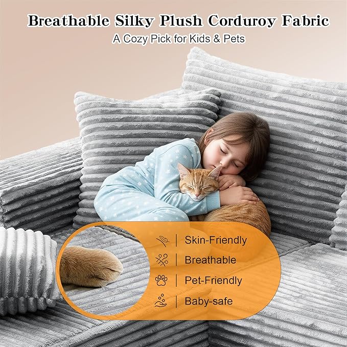 106''Boneless Couches for Living Room, L Shaped Modular Sectional Sofa with Chaise Lounge, Faux Rabbit Fur & Layered Cushion Deep Seat Cloud Couch, No Assembly (Grey, Right Facing Chaise)