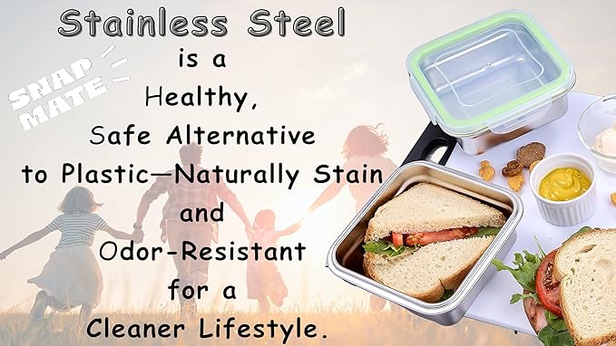 Set of 2 Stainless Steel Sandwich Containers - Food Grade Stainless Steel Metal Base plus a BPA Free, Lock Tight BPA Free Lid with Airtight Silicone Seal. Great for Sandwiches and Snacks