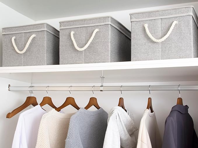 StorageWorks Storage Bins with Lids, Decorative Storage Boxes with Lid and Soft Rope Handles, Foldable Storage Baskets for Closet, Shelves, Stackable, 3-Pack, Gray, Jumbo