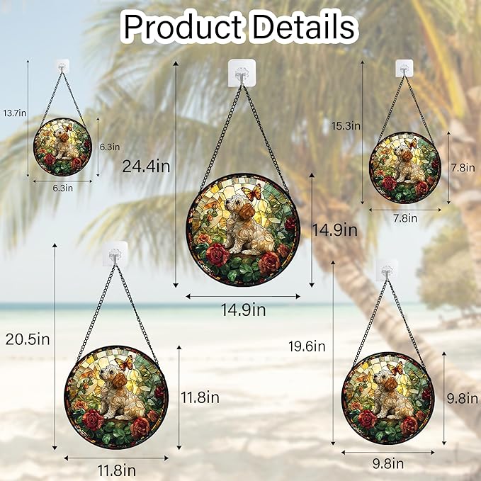 Stained Glass Window Hanging, Cute Dog and Flowers Suncatcher for Doors Home Butterfly Sun Catchers Decoration and Christmas, Mother's Day Birthday Gifts for Women, Men, and Mom 14.9x14.9 in