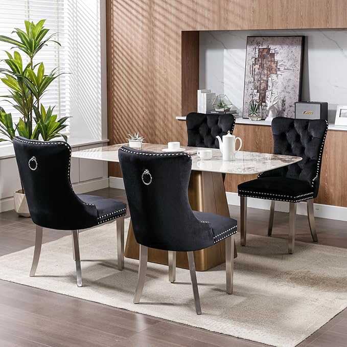 Luxury Upholstered Dining Chairs Set of 6, Black Kitchen Chair with Silver Metal Legs, Velvet Tufted Back Dining Chair, Sillas de Comedor, Modern Kitchen & Dining Room Chairs (Black, 6 Pcs)