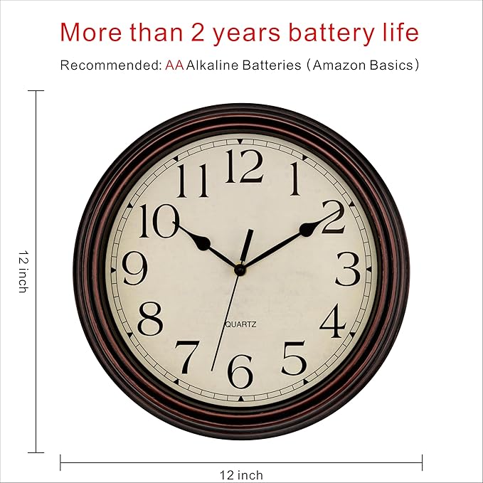Foxtop Retro Silent Non-Ticking Round Classic Clock Quartz Decorative Battery Operated Wall Clock for Living Room Kitchen Home Office 12 Inch (Bronze)