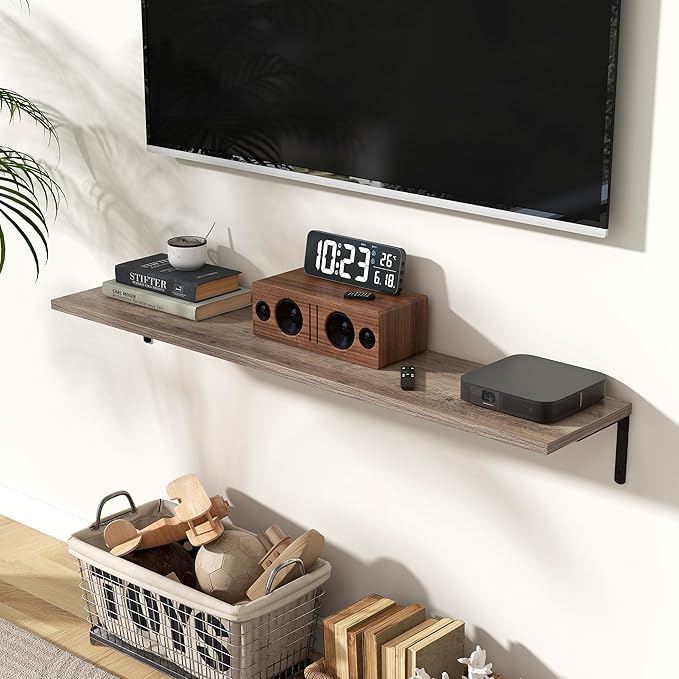 Fun Memories Deep Floating Shelves, 48W x 8D Floating Shelves Set of 2, Wall Mounted Shelf with Metal Brackets, Rustic Wood Wall Shelf for Bathroom, Kitchen and Living Room, Grey