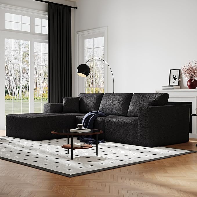 108" Cloud Modular Sectional Couch with L-Shape Chaise, Modern Sectional Sofa with Deep Seat Couch, Ultra Soft Knit Fabric Couches for Living Room, No Assembly Required, Left Facing Chaise (Black)