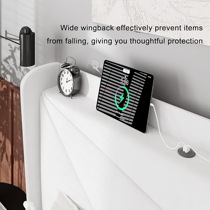 Feonase Full Bed Frame with Charging Station, Velvet Upholstered Platform Bedframe with Wingback Headboard, Solid Wood Slats Support, Noise Free, No Box Spring Needed, White