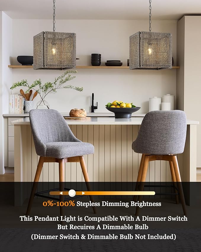 ELYONA Farmhouse Rattan Chandelier 12" Handwoven Pendant Light Fixtures with Gray Square Solid Wood Frame, Adjustable Hanging Lamp for Kitchen Island, Dining Room, Living Room, Bedroom, Bar, Hallway