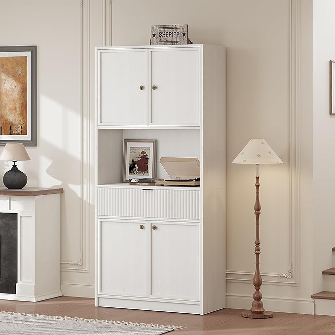IDEALHOUSE Tall Storage Cabinet, 70" Kitchen Pantry Cabinet with Doors, Fluted Kitchen Hutch Cupboard with Microwave Shelf & Drawer, Freestanding Cupboard for Dining Room, Living Room, Antique White