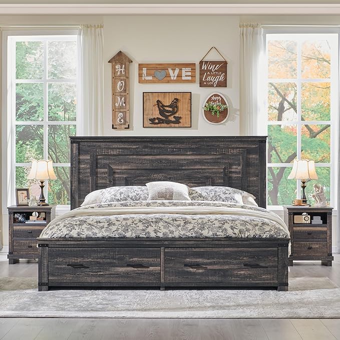 T4TREAM Farmhouse Queen Size Bed Frame with 54" Tall Geometric Headboard & 2 Large Storage Drawers, Rustic Wood Platform Bed with Wood Slats Support, No Box Spring Needed, Dark Rustic Oak