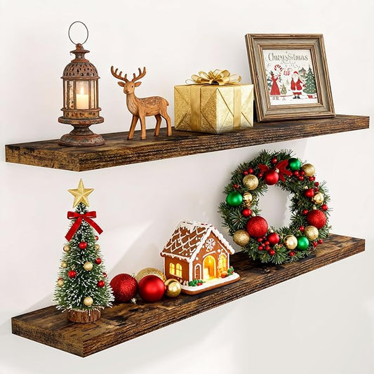 55 Inch Floating Shelves for Wall Set of 2, 55x9.3 Large Floating Shelf for Bedroom, Kitchen, Bathroom, Wall Mounted Rustic Wood Shelves with Invisible Bracket for Books, Decor, Rustic Brown