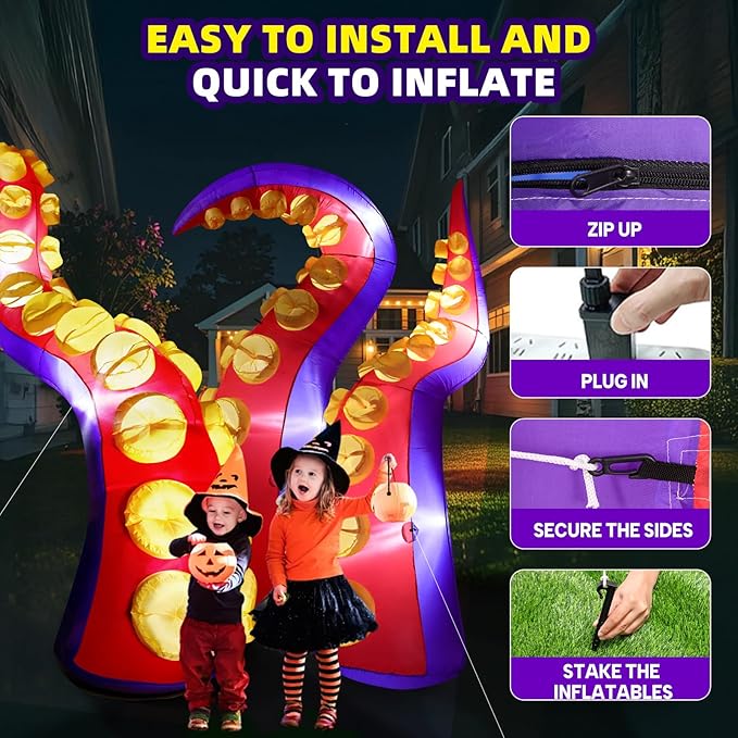 Max Fun 4pcs Halloween Inflatables Octopus Tentacles Outdoors Decorations with LED Lights Built-in Blow Up Yard Decoration for Outdoor Garden Lawn (8FT- Halloween Inflatables Octopus Tentacle)