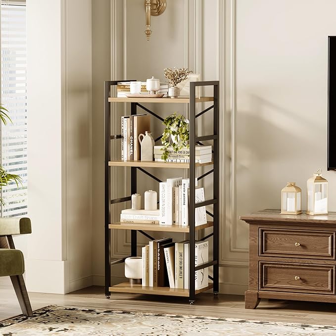 Bookshelf, Kid's Bookshelf, 4 Tier Small Bookcase, Metal Small Bookcase, Book Shelf Organization and Storage for Living Room, Bedroom, and Home Office (Light Coffee)