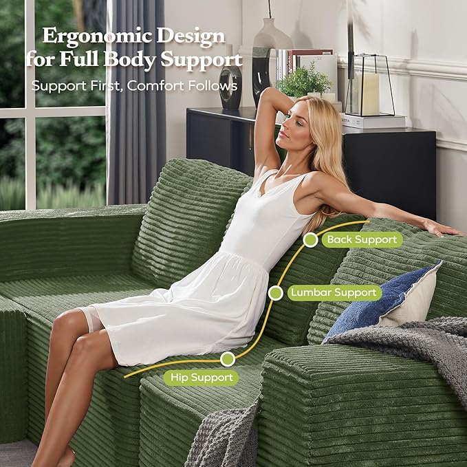 106" Modular Sectional Sofa with L-Shape Chaise, Right/Left Facing Deep Seat Cloud Couch, No Assembly Required, Upholstered Couch for Living Room Bedroom (Plush Corduroy Fabric, Green)