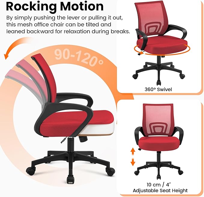 Yaheetech Red Modern Ergonomic Office Chair, Mid Back Mesh Task Chair with Lumbar Support, Adjustable Height, Rolling Swivel, 300lb Capacity