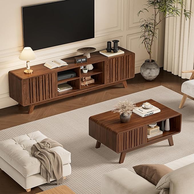 ONBRILL Coffee Table, Mid Century Modern Table with Storage Compartment, Fluted Table with Sliding Cabinet Door, Farmhouse Wood Coffee Table for Living Room (Walnut)