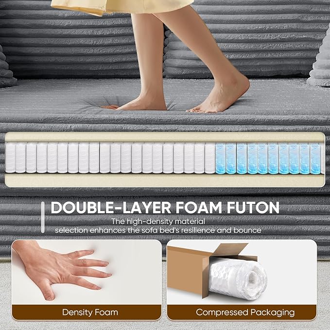 Antetek Convertible Sofa Bed, Comfy Corduroy Fluffy Love seat Sleeper Sofa, 5 in 1 Folding Couch Bed, Fold Out Floor Couch with Pillows for Bedroom, Living Room, Office, Wide Stripes, Grey