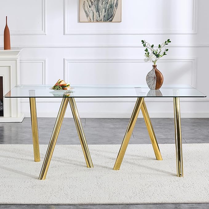LKTART 71" Rectangular Dining Table for 6-8, Gold Dining Table with Tempered Glass Tabletop & Metal Legs, Large Glass Dinner Table for Home Kitchen
