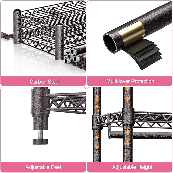 Heavy Duty Rolling Garment Rack 3 Tiers Adjustable Wire Shelving Clothes Rack with 1 Rods and Side Hooks,Storage Closet Clothing Rack Grey 15.7" D x 45.3" W x 72.4" H