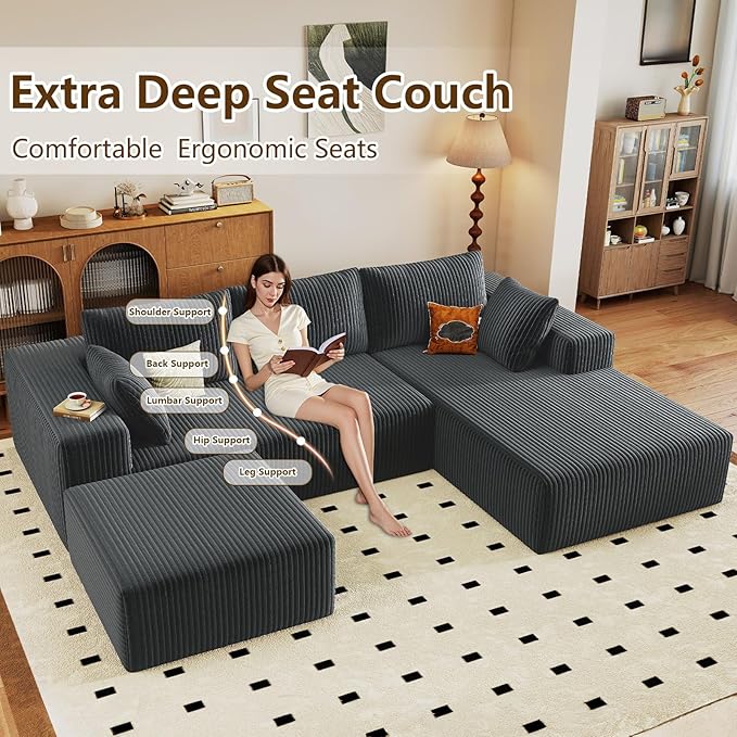 96" U-Shape Cloud Couch, Modern Modular Sectional L-Shape Sofa with Ottoman, Corduroy Upholstered Couches Deep Seat Chaise Longue for Living Room, No Assembly Required(Dark Gray, Right Facing)