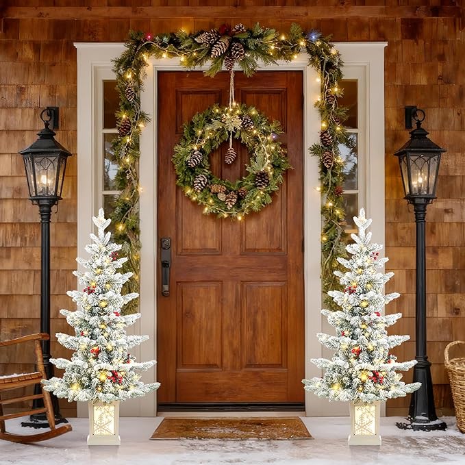 Two Pack Small Pre-Lit Christmas Tree with LED Lights - 3.5FT Snow Flocked Ariticifial Tree with Snowflake Base, Battery Operated & Auto Timer for Home Office Xmas Decor