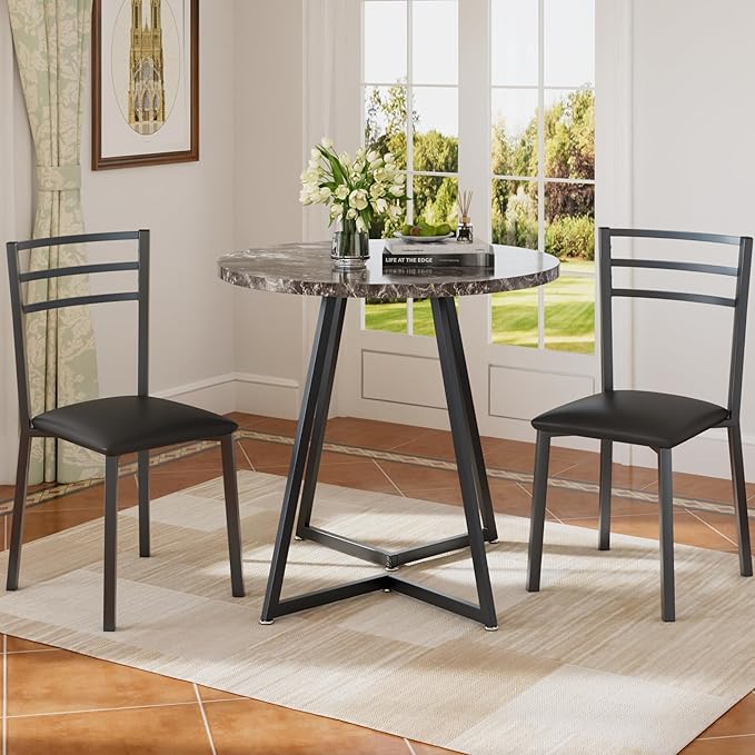 VECELO Small Round Dining Table Set for 2, Wood Tabletop with Strong Metal Frame, Modern Dinette with Chairs for Kitchen, Breakfast Nook Living Room, Faux Marbled & Grey