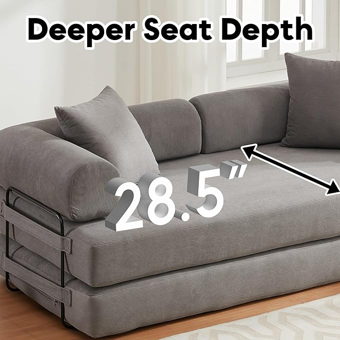 Convertible Sleeper Sofa Bed with Cylindrical Pillow, Corduroy Folding Mattress Couch with Fixed-Shape Frame, Floor Sofa Lounge Couch for Living Room Bedroom Lounge Studio-Grey