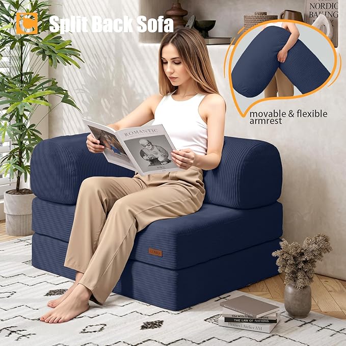 COMAX Folding Sofa Bed, Fold Out Chair Bed, Foldable Sofa, Convertible Sleeper for Adults, Futon Chair Single Small Floor Couch for Spaces, Bedroom Living Room Guest Room, Navy Blue