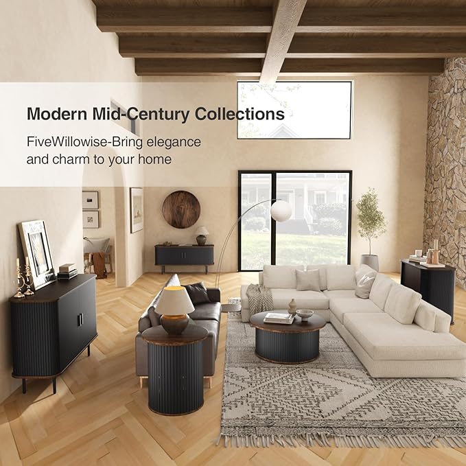 31''W Black Buffet Sideboard Cabinet with Storage, Fluted Accent Storage Cabinet Black with Curvy Edge; Sliding Door Coffee Bar, Credenza Console Table for Living, Kitchen, Hallway