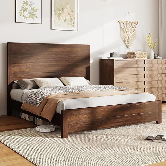 AMERLIFE Queen Size 51.2" Wood Bed Frame, Rustic Platform Bed with Spliced Headboard, No Box Spring Needed/Wood Slats Support/Noiseless/Reclaimed Barnwood