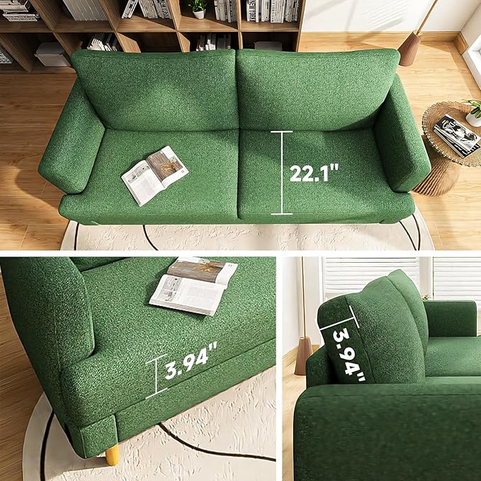 Loveseat Sofa Couch for Living Room with USB Type C Ports – Upholstered 70" Small Couches for Bedroom, Office or Apartment–Modern 2-Seater Deep Seating with Soft Cushions & Sturdy Frame,Green