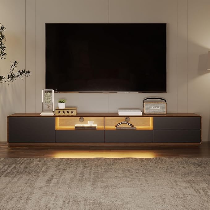 POVISON Fully-Assembled Mid Century Modern TV Stand with LED Lights, Wood Media Console with 4 Drawers for 85+ inch TV, Entertainment Center with Open Storage Cabinet