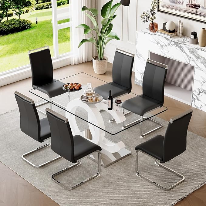 63'' Glass Dining Table Set for 6, Kitchen Table Chairs Set of 6, Clear Glass Dining Table with White unique design Leg and Silver Metal Base, 6 PU Dining Chairs with Metal Legs, Living Room, Kitchen.