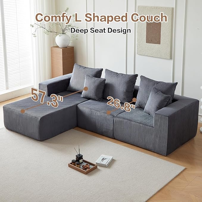 Boneless Couch, 101" Corduroy Couch with Deep Seat, Modular Sectional Sofa in a Box, Memory Foam Compressed Sofa for Living Room (Grey)