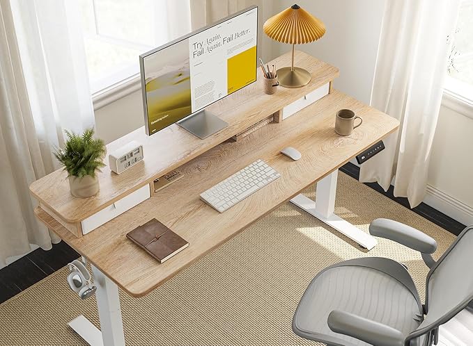 FEZIBO 48 x 24 Inch Height Adjustable Electric Standing Desk with Double Drawer, Computer Desk, Home Office Stand Up Table with 4 Height-Adjustable Feets & 2 Hooks, Maple